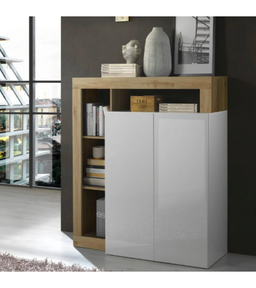 Buffet HAMBURG – Blanc laqué brillant / Chêne Cadiz